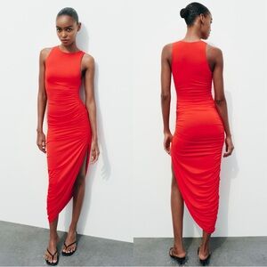 ZARA Red Ruched Midi Dress (NWT) S